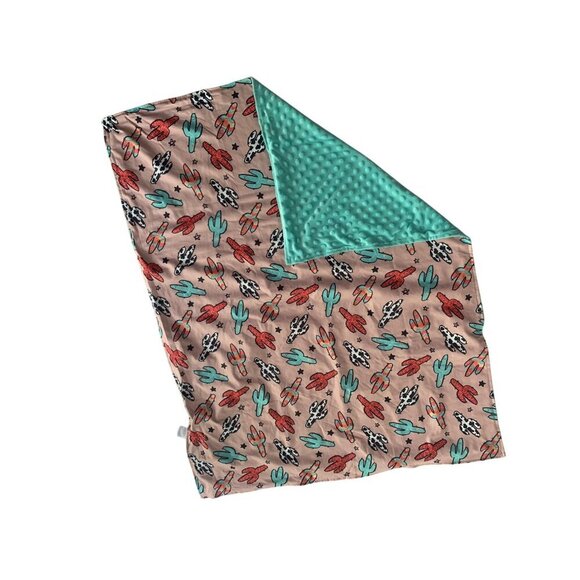 Reversible Cactus Print Baby Blanket In Pink & Turquoise With Minky Dot Backing - Picture 2 of 4
